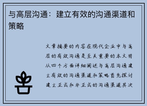 与高层沟通：建立有效的沟通渠道和策略